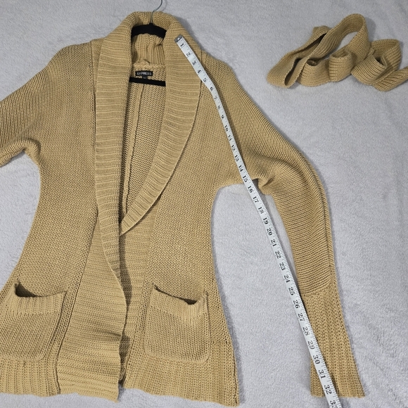 Express Chunky Knit Tan Open Front Belted Slouchy Oversized Sweater Cardigan XS - Picture 7 of 9